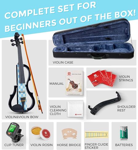 Vangoa Electric Violin Full Size 4/4 Solid Wood Ebony Silent Electric Violin With 4 Fine Tuners, Beginner Adult Professional Performance Kit With Pro Pick up 3-band EQ Earphones Line, Brown in Kuwait