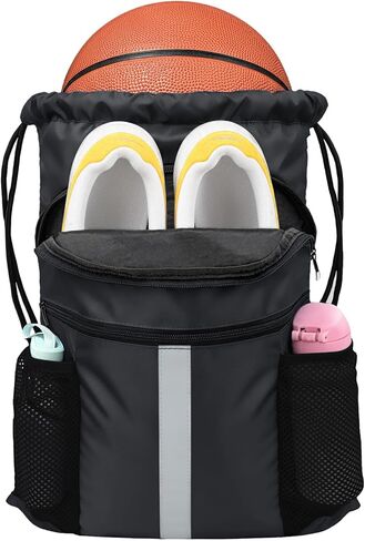 Drawstring Backpack with Shoes Compartment Waterproof Large String Cinch Beach Pool Bag for Swim Sports Gym(Black) in Kuwait