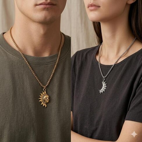 Asymmetric Sun and Moon Matching Necklace for Couple Titanium Steel Accessories for Men Women Vintage Couple Half Moon Sun Pendant Necklace for Valentine's Day in Saudi Arabia