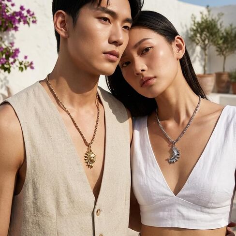 Asymmetric Sun and Moon Matching Necklace for Couple Titanium Steel Accessories for Men Women Vintage Couple Half Moon Sun Pendant Necklace for Valentine's Day in Saudi Arabia
