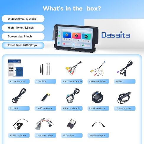 Dasaita G12 Car Stereo for Honda Civic 2015-2022 with Wireless Carplay & Android Auto, 4G LTE, 9" Touch Screen Head Unit, GPS Radio, Bluetooth + WiFi, 4G RAM 64G ROM, Android 12 in Saudi Arabia