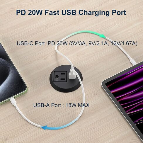 Recessed Power Grommet 2 inch,Tamper-Resistant Design AC Outlets, Fast Charging Station USB-C Port,Desk Hole Grommet Recessed Outlet,Round Desktop Conference Room Power Grommet Outlet.(Black) in Kuwait