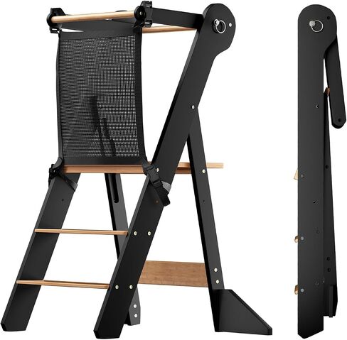 COSYLAND Foldable Toddler Standing Tower - Adjustable Height Folding Step Stool Kids Toddler Kitchen Stool Helper for Learning and Cooking - Ages 18 Months to 6 Years with Safety net Natural in Saudi Arabia