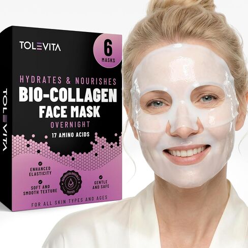 Bio-Collagen Overnight Face Mask - Hydrating & Nourishing Sheet Mask with 17 Amino Acids, Improves Elasticity & Moisturizes, Softens Skin, Suitable for All Skin Types, 6 Pack in Kuwait