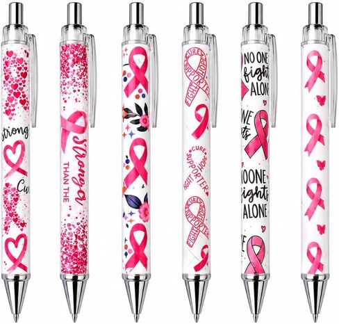 YJ PREMIUMS 6PC Pink Breast Cancer Awareness Black Ink Ball Point Writing Pens Ribbon Bress Breat Pen School Desk Decor Office Supplies Accessories Items Bulk Gift Gifts for Women Nurse Girls in Saudi Arabia