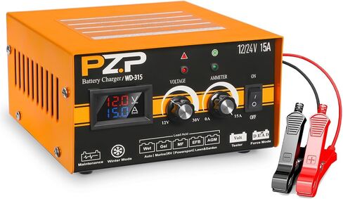 PZP 15-Amp 12V/24V Smart Battery Charger, Maintainer & Trickle Charger for LiFePO4, Lead Acid Batteries - Fully Automatic 9-Stage Charging w/Temp Compensation for Motorcycle Car Truck Lawnmower Boat in Saudi Arabia