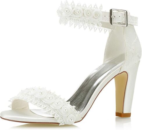 JIAJIA 5471A Women's Bridal Shoes Open Toe 3.34" Block Heel Lace Satin Pumps Satin Flower Sandals Wedding Shoes in Saudi Arabia