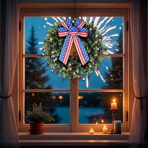 Patriotic Wreath， with American Flag Bow, 4th of July Wreaths,Red White Blue Floral Decorative Door Wreath (1, 18inch) Memorial Wreaths in Saudi Arabia