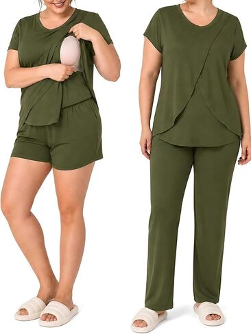 Rnxrbb V Neck Nursing Pajamas Set Postpartum Pajama Maternity Breastfeeding Pjs for Women 3 Pack Double Layer with Pockets in Saudi Arabia