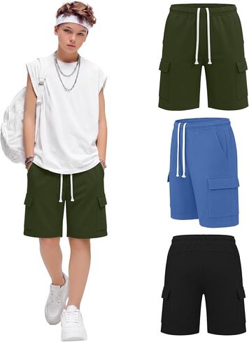 3 Pack Boys Cargo Shorts Bermuda Sweat Shorts with 4 Pockets Youth Athletic Elastic Waist Drawstring for Teen 6-16Y in Saudi Arabia
