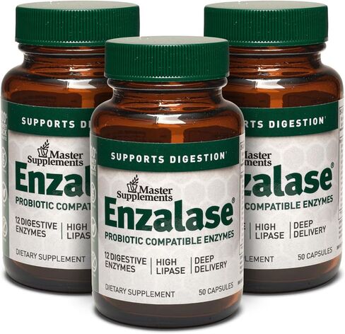 Master Supplements Enzalase - 50 Capsules - Probiotic Compatible Enzymes - Provides Digestive Boost + Gas & Bloating Relief - Gluten Free - 50 Servings in Saudi Arabia