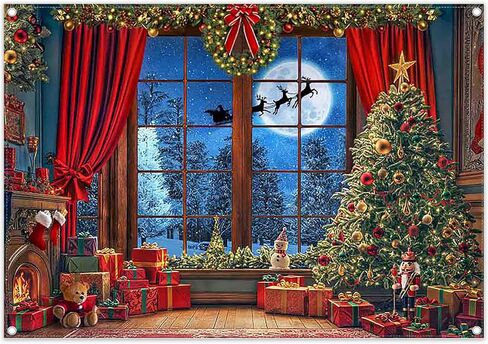 ZTHMOE Fabric 7x5ft Christmas Window Photography Backdrop Winter Merry Xmas Tree Gift Background Night Snow Party Decoration Holiday Photo Banner Props in Saudi Arabia