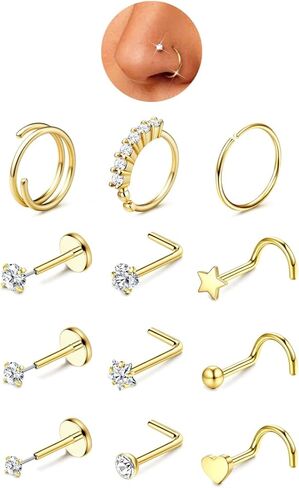 JeryWe Gold Nose Rings for Women - 14K Gold Filled Hypoallergenic Surgical Steel Nose Ring Hoops CZ Opal Lip Ring Screw L Shaped Studs Threadless Flat Back Stud Nose Piercings Jewelry for Women Men in Saudi Arabia