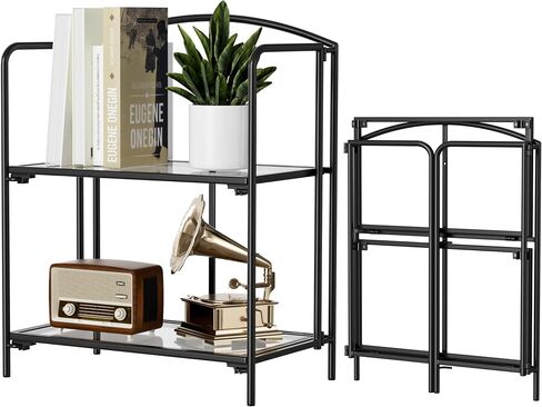 Crofy No Assembly Folding Bookshelf for Living Room, 2 Tier Gold Collapsible Book Shelf for Home Office, Portable Bookcase Storage Organizer in Saudi Arabia