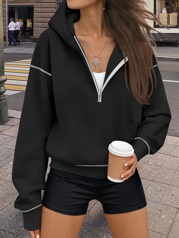 Women Half-Zip Hoodie with Contrast Stitching Oversized Slouchy Fleece Pullover Trendy Casual Athleisure Top in Saudi Arabia