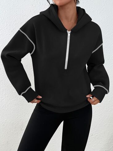 Women Half-Zip Hoodie with Contrast Stitching Oversized Slouchy Fleece Pullover Trendy Casual Athleisure Top in Saudi Arabia