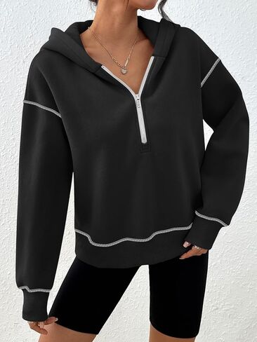 Women Half-Zip Hoodie with Contrast Stitching Oversized Slouchy Fleece Pullover Trendy Casual Athleisure Top in Saudi Arabia