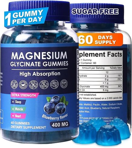 Blueberry Flavor Magnesium Glycinate Gummies 400mg – High Absorption Supplement for Adults and Kids, Sugar-Free, Gelatin-Free, Vegan-Friendly, 60-Day Supply in Saudi Arabia