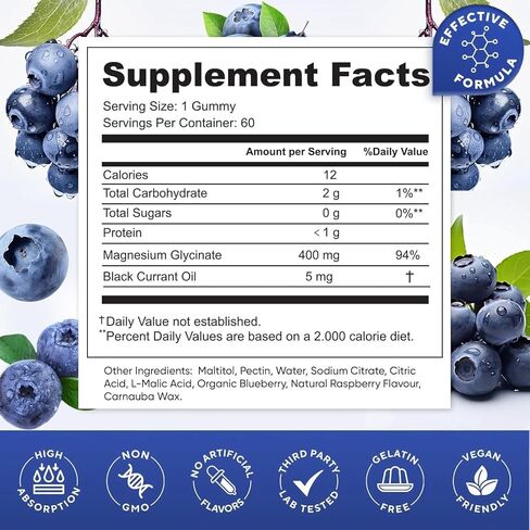 Blueberry Flavor Magnesium Glycinate Gummies 400mg – High Absorption Supplement for Adults and Kids, Sugar-Free, Gelatin-Free, Vegan-Friendly, 60-Day Supply in Saudi Arabia