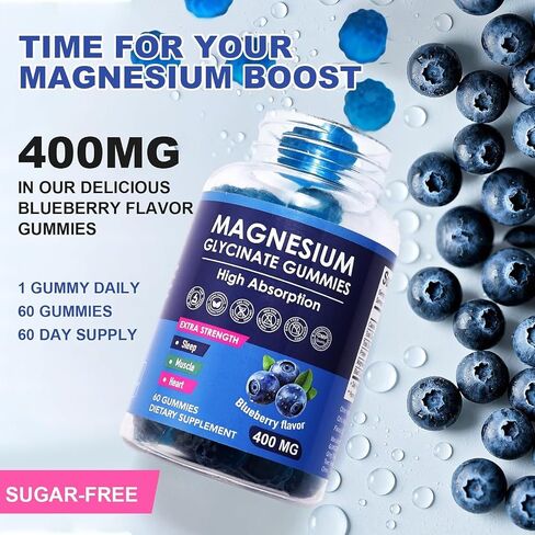 Blueberry Flavor Magnesium Glycinate Gummies 400mg – High Absorption Supplement for Adults and Kids, Sugar-Free, Gelatin-Free, Vegan-Friendly, 60-Day Supply in Saudi Arabia