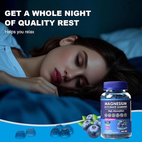 Blueberry Flavor Magnesium Glycinate Gummies 400mg – High Absorption Supplement for Adults and Kids, Sugar-Free, Gelatin-Free, Vegan-Friendly, 60-Day Supply in Saudi Arabia