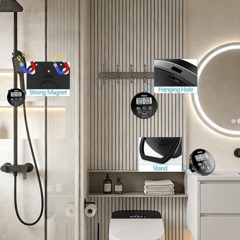 FCXJTU Digital Waterproof Shower Clock Timer, Bathroom Shower Countdown Timer, Kitchen Cooking Timer with Alarm, Magnetic Back, Stand Dark Black in Kuwait