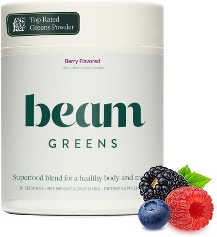 مسحوق Beam Greens ، ملحق Superfood لصحة الأمعاء ، مزيج عضوي نباتي مع Ashwagandha ، فيتامين C ، B12 ، B6 ، D ، الدعم اليومي غير المعدلة وراثيا للمناعة ، نكهة الفراولة كيوي ، 15 حصص in Kuwait