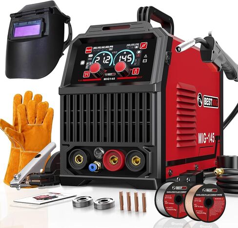 BESTMIG 145A 4-in-1 Multi-Process Welder, 110V/220V MIG/TIG/MMA/Stick Welding Machine, Gas & Gasless Flux Core Welder with Synergy IGBT Inverter, Includes Welding Helmet & Gloves in Saudi Arabia