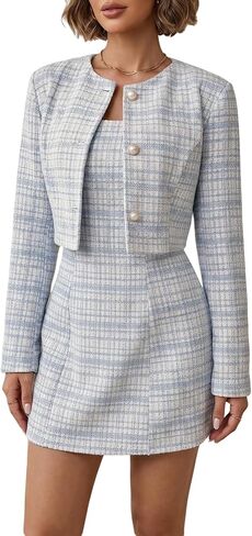 SOLY HUX Women's 2 Piece Outfits Plaid Long Sleeve Button Down Cropped Jacket and Sleeveless Mini Dress Sets in Saudi Arabia