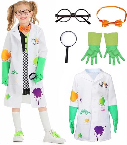 Kids Mad Scientist Costume with Eyeglass Frames Bow Tie Gloves Magnifying Glasses 5Pc Kids Lab Coat Halloween Dress Up in Saudi Arabia
