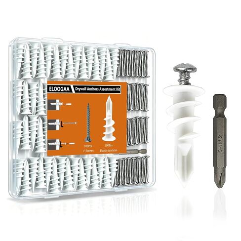 200Pcs Drywall Anchors and Screws Kit, 100Pcs Self-Drilling Plastic Wall Anchors with 100Pcs #8 Phillips Screws & PH2 Bit, Heavy Duty Anchors for Hanging Pictures, Shelves, Home Mounting in Saudi Arabia