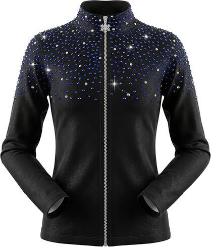 Girl's Black Ice Skating Training Jacket with Blue Rhinestones and Plush Stylish and Warm Skating Training Clothes in Saudi Arabia