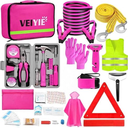 Roadside Emergency Car Kit for Vehicles, Pink Car First Aid Kit Emergency Kit with Jumper Cables, Car Safety Kits, Tow Strap, Tool Kit, Road Trip Assistance for Men, Women, New Driver Gifts in Kuwait