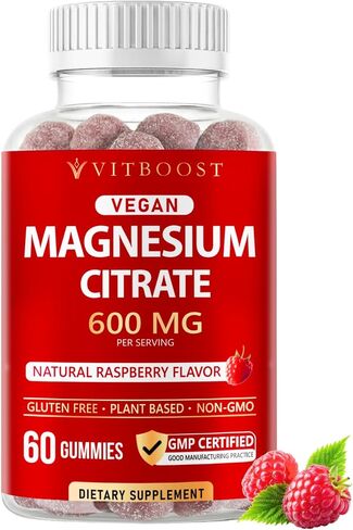 Vitboost Magnesium Citrate Gummies 600mg - 60 Count Vegan Magnesium Gummies for Relaxation & Muscle Support - Natural Raspberry Flavor - Non-GMO, Gluten Free, Plant Based in Saudi Arabia
