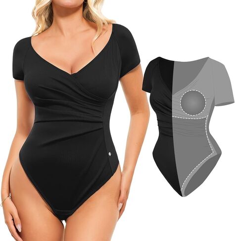 Popilush Shapewear Bodysuits for Women - Tummy Control Short Sleeve Corset V Neck Bodysuit Concert Outfits in Saudi Arabia