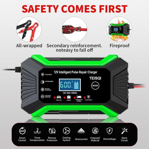 Car Battery Charger, 12V 6A Smart Battery Trickle Charger Automotive 12V Battery Maintainer Desulfator with Temperature Compensation for Car Motorcycle Mower Marine Lead Acid Batteries (Green) in Saudi Arabia