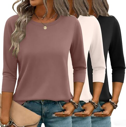 Zeagoo Tops for Women 3 Pack 3/4 Sleeve Crewneck Cute Basics Tees Casual Fashion Summer T Shirts Business Work Tee Top in Saudi Arabia