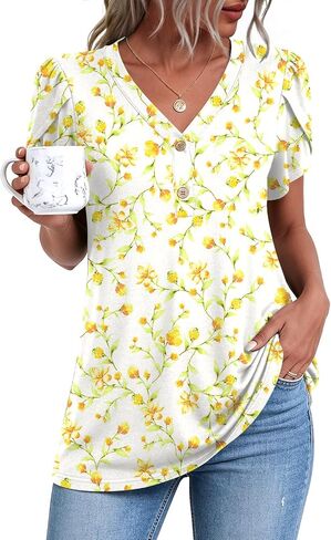 BISHUIGE 2025 Women's Summer Henley V-Neck Button Up Tunic Top Petal Sleeve Comfy Blouse Casual T-Shirt Sizes M-3XL in Saudi Arabia