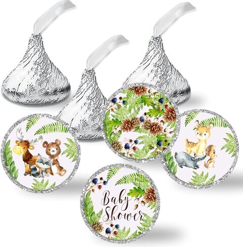 Watercolor Woodland Forest Animals Baby Sprinkle Baby Shower Kiss Sticker Labels, 300 Party Circle Stickers sized 0.75" for Chocolate Drop Kisses by Amanda Creation, Great for Favors, Treats, Envelope Seals & Goodie Bags in Saudi Arabia