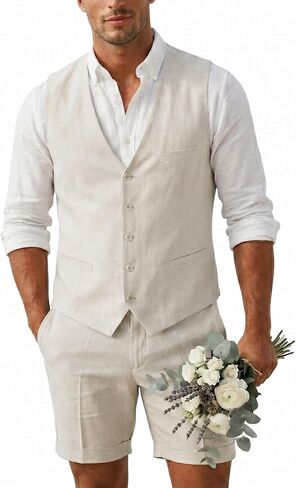 MY'S Men’s 2-Piece Linen Vest Pants, Lightweight Waistcoat Shorts, Casual Beach Summer Wedding Prom Homecoming Outfit in Kuwait