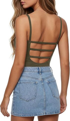 Rooscier Women's Spaghetti Strap Scoop Neck Sleeveless Bodysuit Backless Sexy Tank Tops in Saudi Arabia