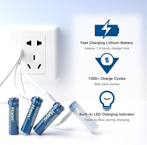 بطاريات ليثيوم قابلة لإعادة الشحن من هيكسون 1.5 فولت USB مقاس AA، بطارية قابلة للشحن 3000 مللي واط في الساعة مزدوجة AA، تشحن 1.5 ساعة، أكثر من 1000 دورة، كابل شحن 4 في 1 USB-A إلى USB-C، مؤشر شحن LED، 8 عبوات in Kuwait