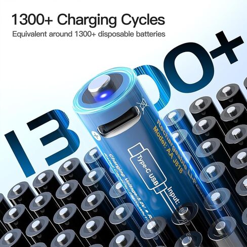 بطاريات ليثيوم قابلة لإعادة الشحن من هيكسون 1.5 فولت USB مقاس AA، بطارية قابلة للشحن 3000 مللي واط في الساعة مزدوجة AA، تشحن 1.5 ساعة، أكثر من 1000 دورة، كابل شحن 4 في 1 USB-A إلى USB-C، مؤشر شحن LED، 8 عبوات in Kuwait
