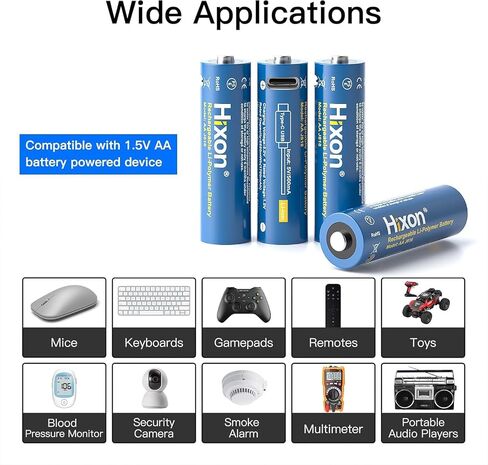 بطاريات ليثيوم قابلة لإعادة الشحن من هيكسون 1.5 فولت USB مقاس AA، بطارية قابلة للشحن 3000 مللي واط في الساعة مزدوجة AA، تشحن 1.5 ساعة، أكثر من 1000 دورة، كابل شحن 4 في 1 USB-A إلى USB-C، مؤشر شحن LED، 8 عبوات in Kuwait