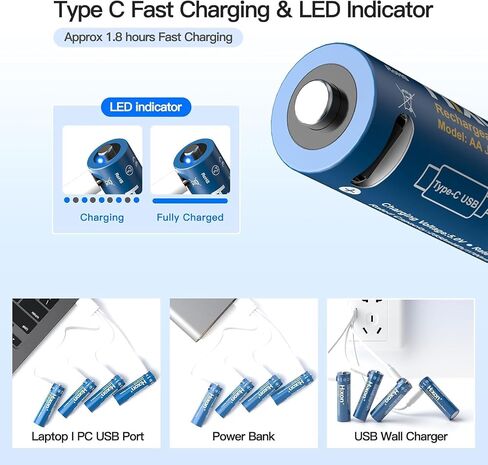 بطاريات ليثيوم قابلة لإعادة الشحن من هيكسون 1.5 فولت USB مقاس AA، بطارية قابلة للشحن 3000 مللي واط في الساعة مزدوجة AA، تشحن 1.5 ساعة، أكثر من 1000 دورة، كابل شحن 4 في 1 USB-A إلى USB-C، مؤشر شحن LED، 8 عبوات in Kuwait