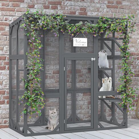 Outdoor Cat House Big Catio Wooden Cat Shelter Enclosure with Large Spacious Interior,High Ledges,Weather Protection Asphalt Roof,for Walk-in Kitty Kennel,White in Kuwait