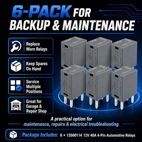 6-Pack 13500114 8385 Relays 12VDC 40A 4-Pin SPST Automotive Relay - Compatible with Select GM Vehicles (for Buick Enclave, Chevrolet Silverado) - Fixes Fuel Pump, Ignition & P0615/P0641 Errors in Kuwait