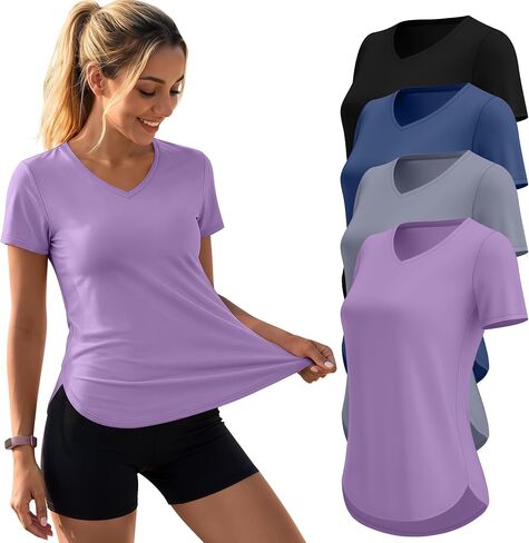 4 حزمة للنساء قصيرة الأكمام التمرين T قميص شقوق منحنية المنحنية V Vecn Teptable Tops Tops Quick Dry UV Tee in Kuwait