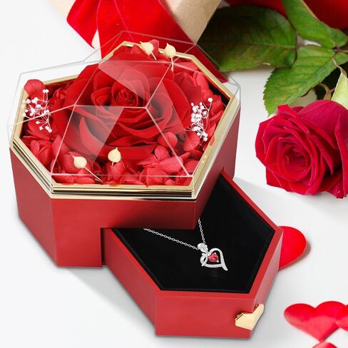 Eternal Preserved Red Rose Gift Box with Exquisite Heart Necklaces, for Women, Girlfriend, Wife, Mom on Birthday, Christmas（Silver） in Saudi Arabia