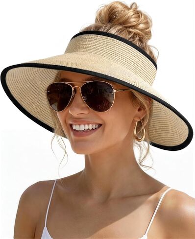 Womens Sun Visor Hats Wide Brim Straw Beach Hat UV Protection Ponytail Packable Beach Vacation Essentials in Saudi Arabia
